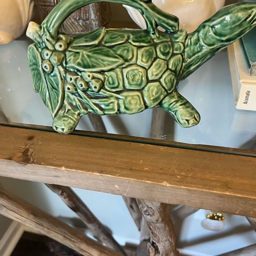 Vintage McCoy Made in The USA Green Turtle Shaped Ceramic watering pitcher. 90’s